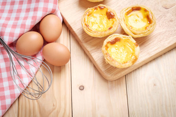 istock Egg tart on wooden plate 970236306