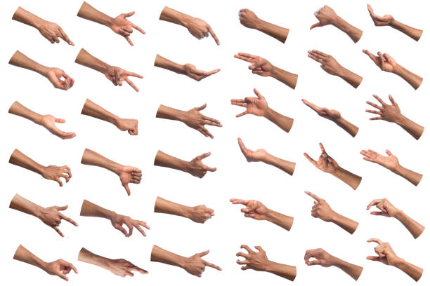 Set of black hands making symbols isolated on white African-american hands gesturing at white isolated background. Black hands showing various finger symbols man hand down stock pictures, royalty-free photos & images