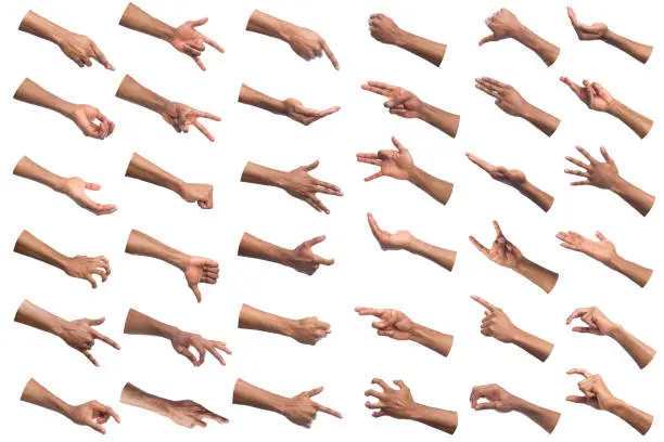 African-american hands gesturing at white isolated background. Black hands showing various finger symbols