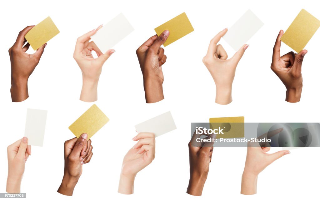 Collage de diverses mains tenant des cartes de visite vierges, isolés - Photo de Main humaine libre de droits