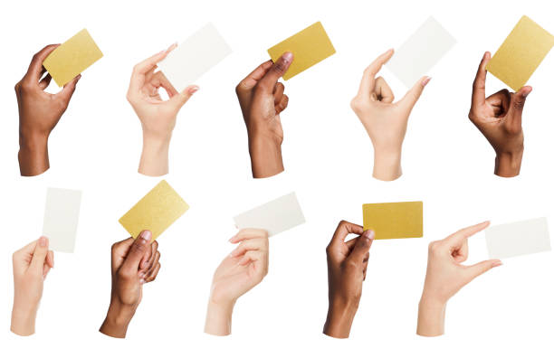 Collage of diverse hands holding blank business cards, isolated Set of multiethnic hands holding empty business cards isolated on white background, copy space human hand stock pictures, royalty-free photos & images
