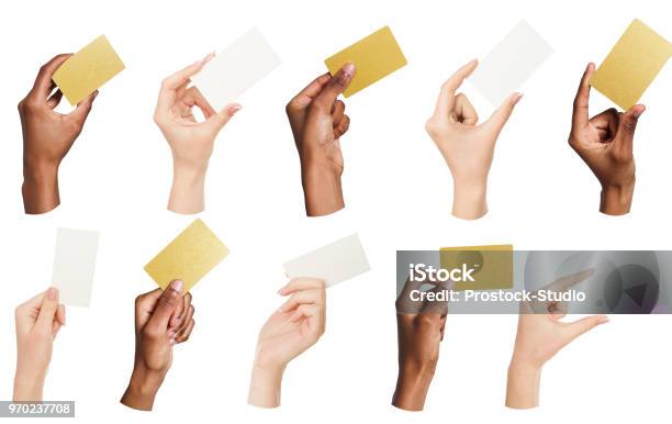 Collage Of Diverse Hands Holding Blank Business Cards Isolated Stock Photo - Download Image Now