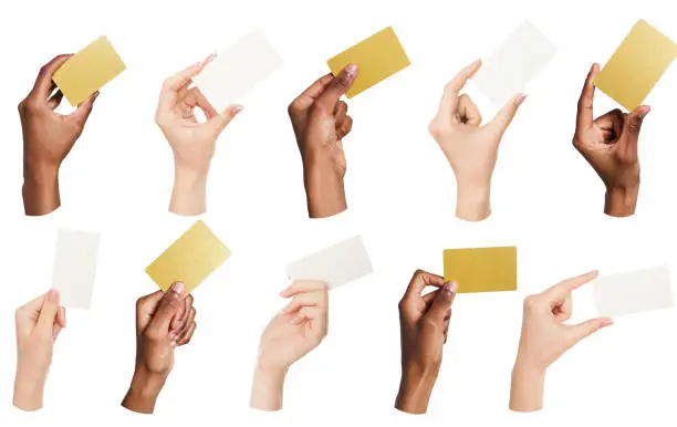 Photo of Collage of diverse hands holding blank business cards, isolated