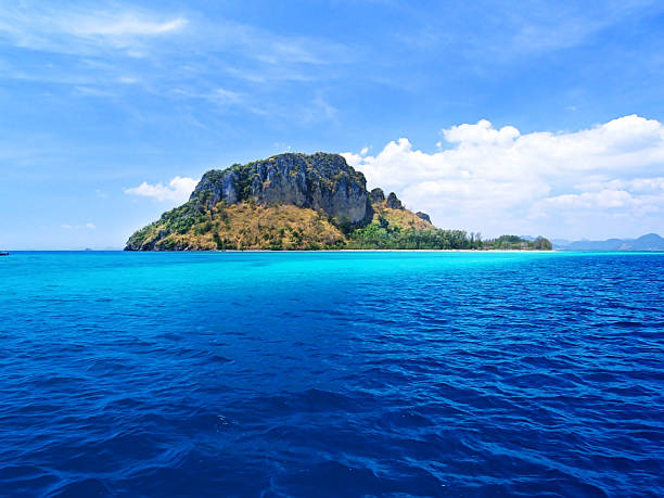 深い青色の海海の真ん中の島に緑の木 - 島 ストックフォトと画像