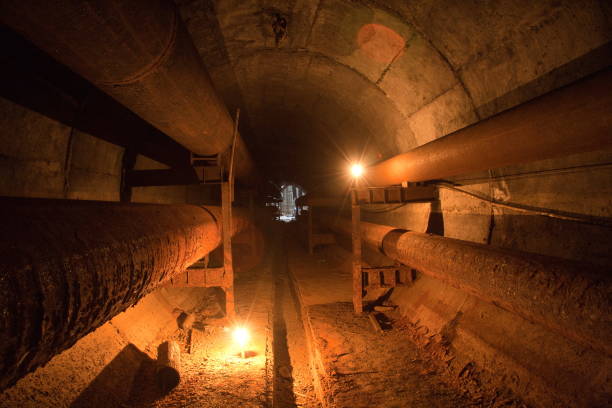 istock Abandoned round concrete underground tunnel of heating main with rusty tubes 970249762