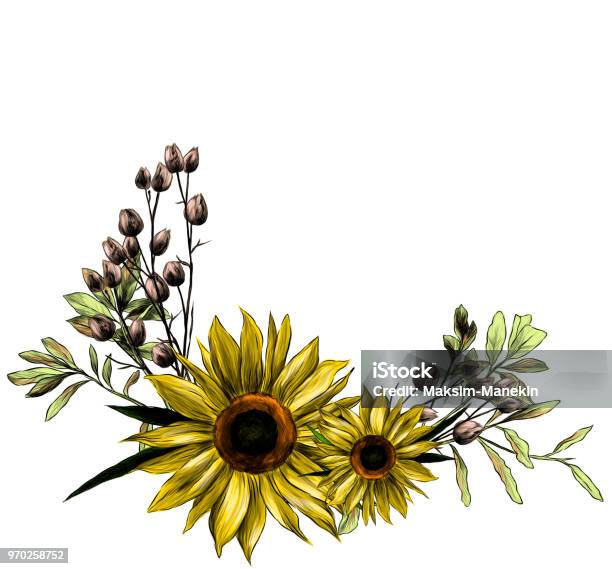 Wreath In The Form Of A Bouquet Of Two Sunflower Leaves And Dry Grass Stock Illustration - Download Image Now