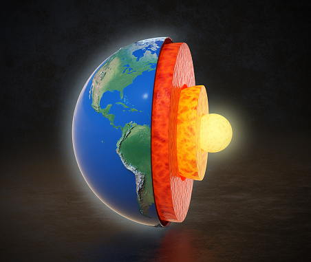 Earth core structure with geological layers 3d rendering