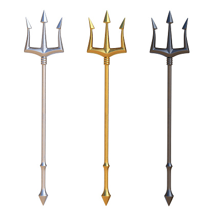 Tridents, silver, golden and black metal, isolated on white background, 3d rendering