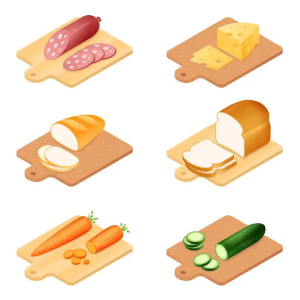 Vector illustration of Flat isometric illustration of different chopped food set.