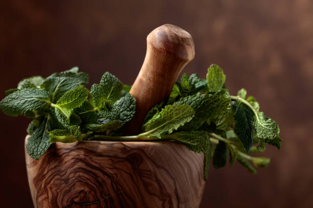 istock Bunch of fresh green organic mint in mortar. 970297134