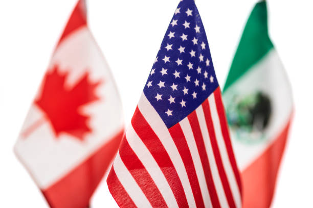 close-up of the american flag with the canadian and mexican flags behind it on a white background -  concept negotiations - allied forces imagens e fotografias de stock
