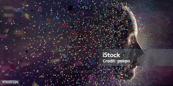 istock Multi Coloured Squares in Mid Air Gathering To Form Head 970317224