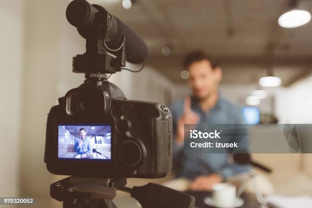Male Vlogger Recording Content For His Vlog Stock Photo - Download Image Now - Home Video Camera, Marketing, Camera - Photographic Equipment
