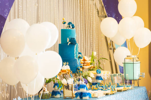 istock A dessert table with a yellow and blue theme in the wedding. 970320258