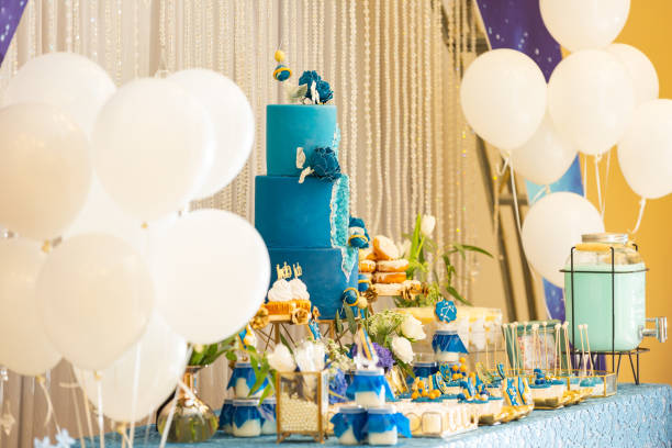 istock A dessert table with a yellow and blue theme in the wedding. 970321068