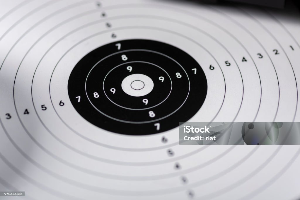 shots, shields and cartridges - shooting position on the sport shooting range Shooting target for close-up shooting Target Shooting Stock Photo