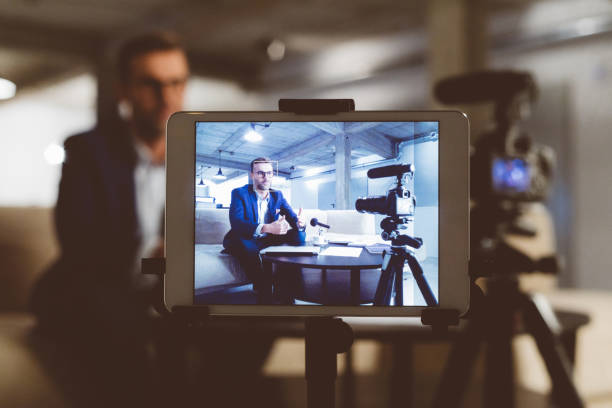 istock Male blogger on digital tablet screen 970323270