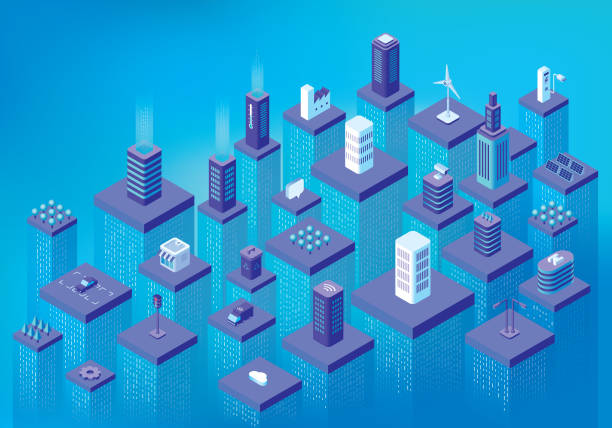 Smart city data flow Editable vector illustration on layers. 
This is an AI EPS 10 file format, with transparency effects, blends, gradients and one gradient mesh. isometric smart city stock illustrations