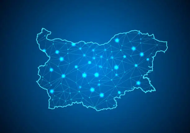 Vector illustration of Abstract mash line and point scales on dark background with Map of bulgaria. Wire frame 3D mesh polygonal network line, design sphere, dot and structure. communications map of bulgaria. Vector illustration.