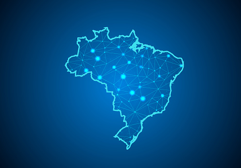Abstract mash line and point scales on dark background with Map of brazil. Wire frame 3D mesh polygonal network line, design sphere, dot and structure. communications map of brazil.Vector illustration