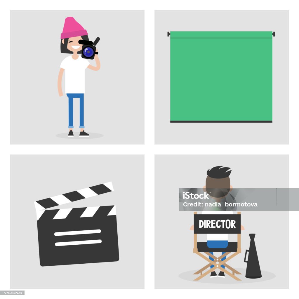 Collection of cinema images. Production studio. Green screen. Operator. Director. Film set. Flat editable vector illustration, clip art Characters stock vector