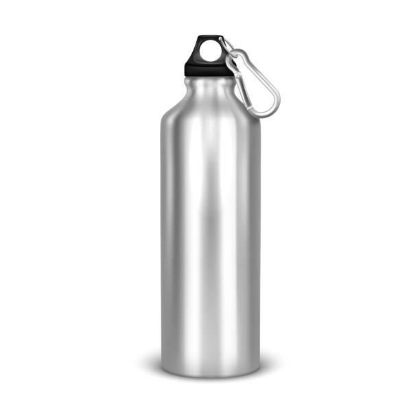istock Vector realistic 3d empty glossy metal water bottle with black bung closeup isolated on white background. Design template of packaging mockup for graphics. Front view 970357360