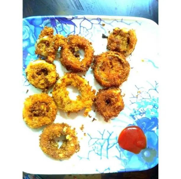 Homemade cheese onion rings on a summer evening.