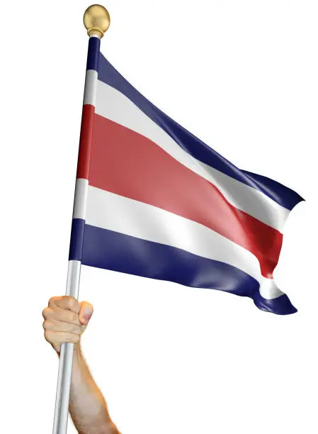 Man's hand holding a flag pole with the Costa Rican national flag proudly displayed against a white background. The flag has been rendered with 3D software.