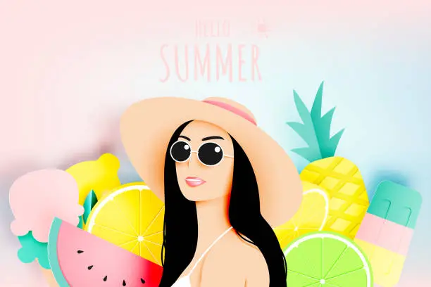 Vector illustration of Girl with stunning summer tropical fruits background in paper art style and pastel color scheme