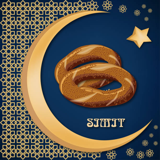 ilustrações de stock, clip art, desenhos animados e ícones de turkish traditional delicious aromatic bagel simit on decorated background with golden moon, star and oriental ornament. - sesame seed cereal plant backgrounds