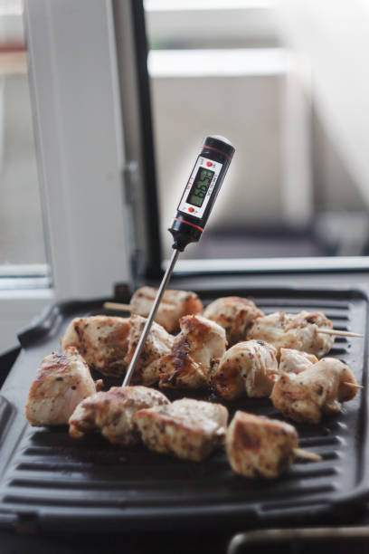 istock Pork-beef shish kebab prepared on a home electric grill. Thermometer for determining meat readiness and temperature. 970379802