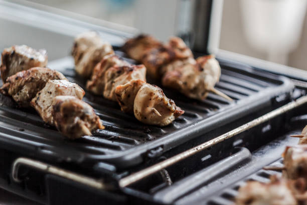 Pork-beef shish kebab prepared on a home electric grill
