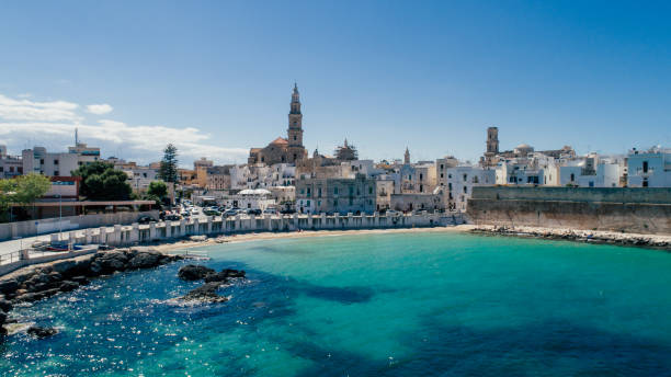 White city near blue the Sea Monopoli Apulia Coastline blue in Italy Drone 360 vr Virtual Sphere Monopoli white City in Italia near the blue sea Drone 360 summer photo trulli house stock pictures, royalty-free photos & images