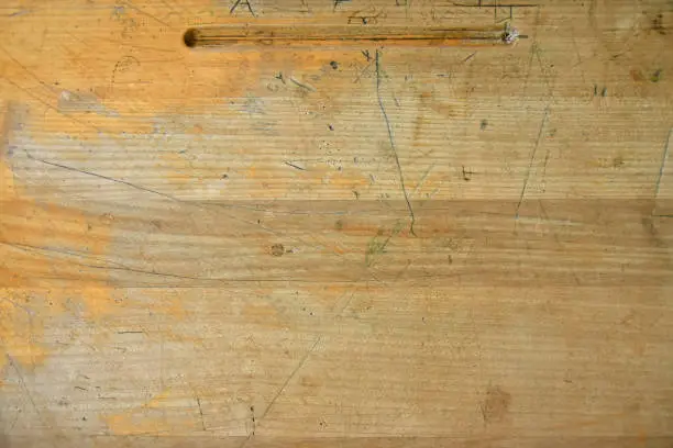 An abstract image of a vintage school desk top.
