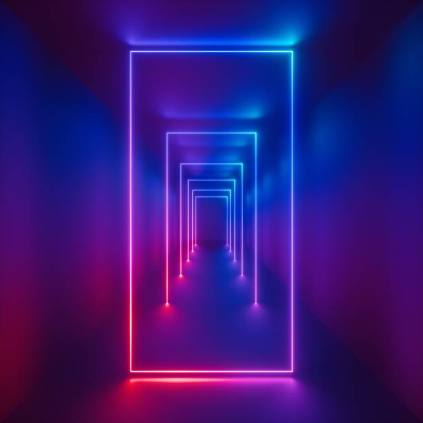 istock 3d render, glowing lines, tunnel, ultraviolet spectrum, pink blue neon lights, virtual reality, abstract background, square portal, vertical arch, pink blue spectrum vibrant colors, laser show 970381588