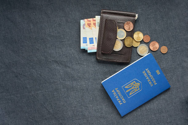 istock blue Ukrainian passport on gray background with euro monay 970384242
