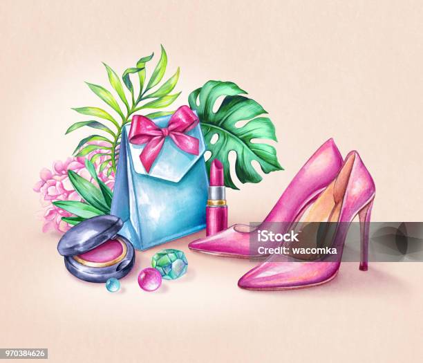 Watercolor Fashion Illustration Beauty Blog Elements High Heels Shoes Cosmetics Gift Box Trendy Prom Accessories Green Palm Leaves Peachy Blush Background Stock Illustration - Download Image Now