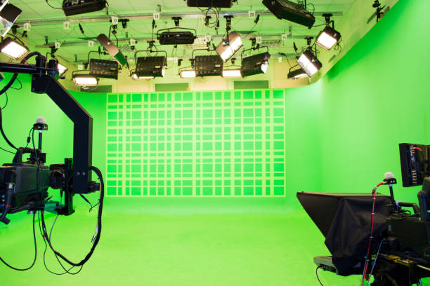 istock Modern empty green photo studio with modern style movie camera 970385634