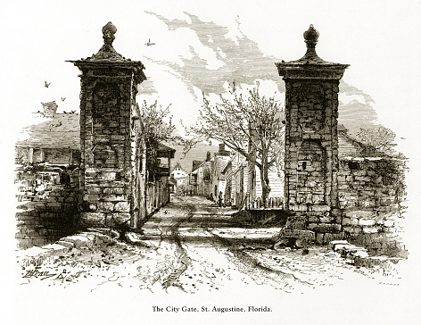 Very Rare, Beautifully Illustrated Antique Engraving of City Gate, St. Augustine, Florida, United States, American Victorian Engraving, 1872. Source: Original edition from my own archives. Copyright has expired on this artwork. Digitally restored.