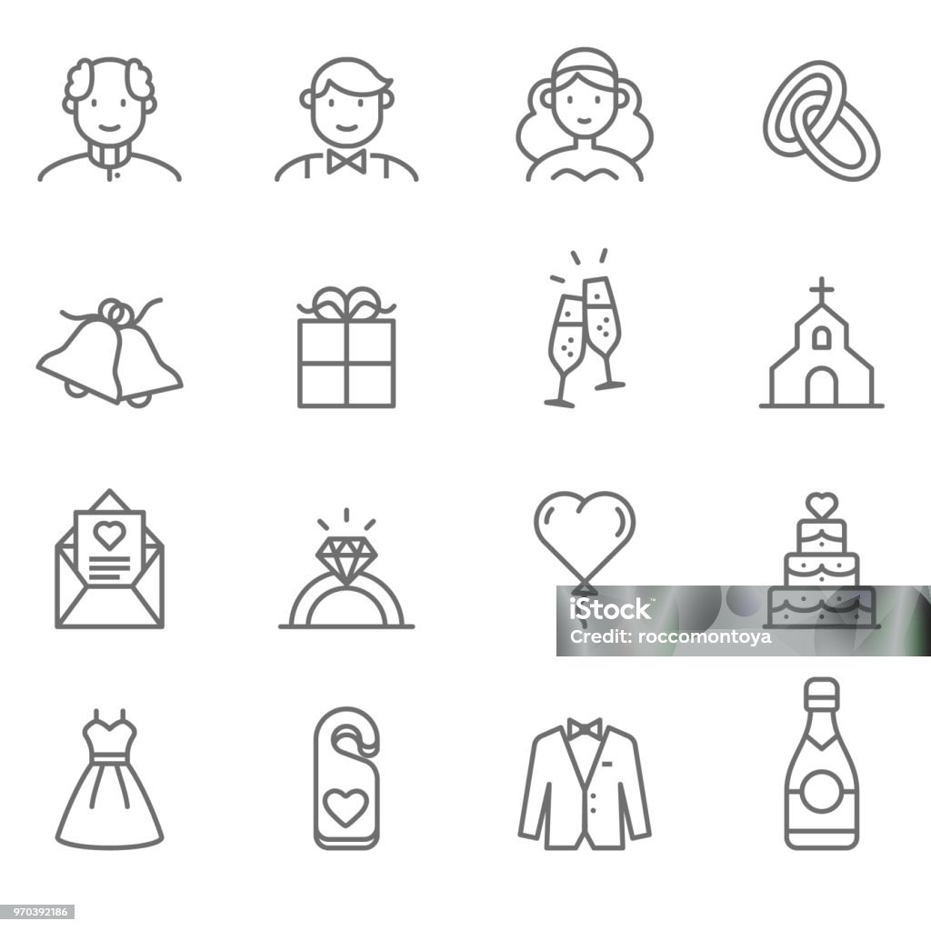 Wedding Line Icons - Illustration Wedding, wedding Cake, icons, line, Engagement Icon Symbol stock vector