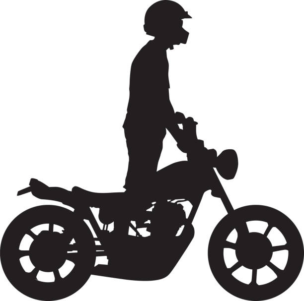 사람이 서 있는 오토바이 실루엣 - motocross motorcycle stunt bike silhouette stock illustrations