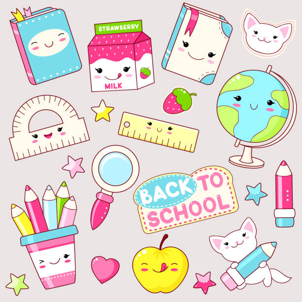 Vector set of education icons in kawaii style Back to school. Vector set of education icons in kawaii style. Cat with pencil, globe, book, diary, pencil, apple, ruler, package of milk, loupe, labels, shiny hearts and stars kawaii stock illustrations