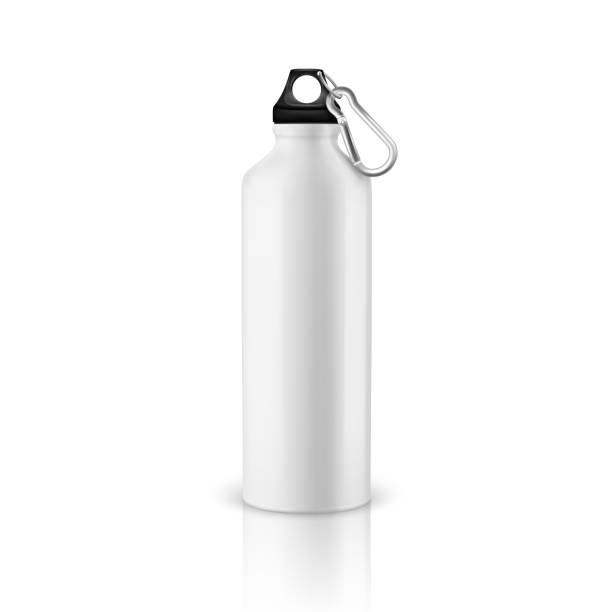 istock Vector realistic 3d white empty glossy metal water bottle with black bung closeup isolated on white background. Design template of packaging mockup for graphics. Front view 970398742