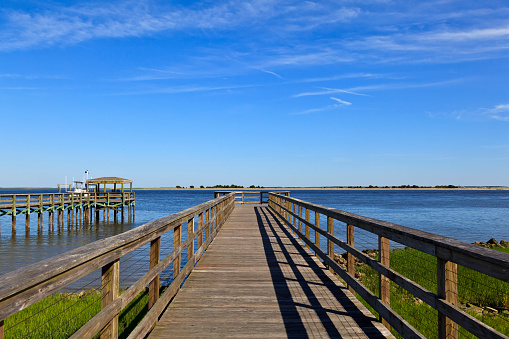 Wood boardwalk in Southport, North Carolina in the summer