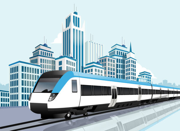 Speedy metro passing in front of modern city Speedy metro passing in front of modern city, Transportation, Modern life railroad track illustrations stock illustrations