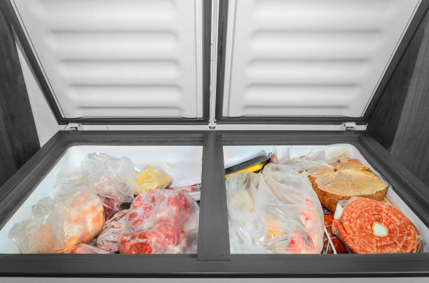 Frozen food in the freezer. stock photo