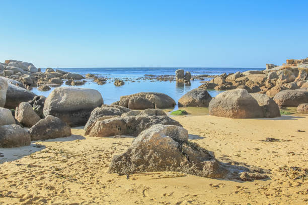 Oudekraal Beach with its calm, turquoise waters, white sand and large boulders, part of Table Mountain area in Cape Town, South Africa. This area is popular for diving because rich marine life.