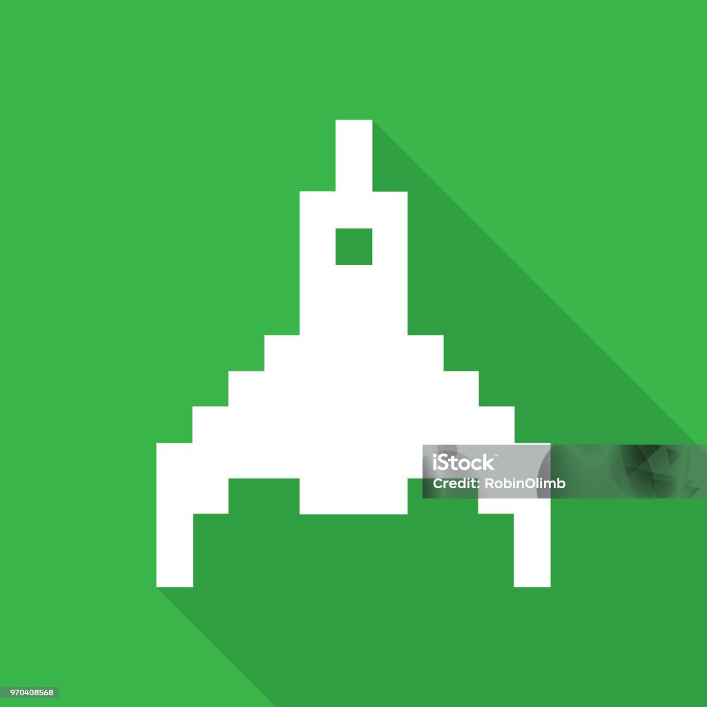 Retro Pixel Rocket Icon Vector illustration of a retro white pixelated rocket
with shadow on a square green background. Missile stock vector