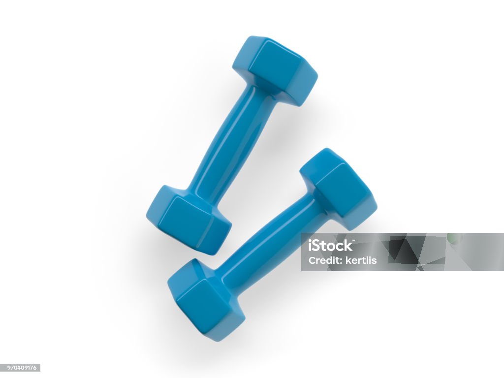 two blue dumbbells for fitness and sports - 3LB - 3d illustration - rendering Dumbbell Stock Photo