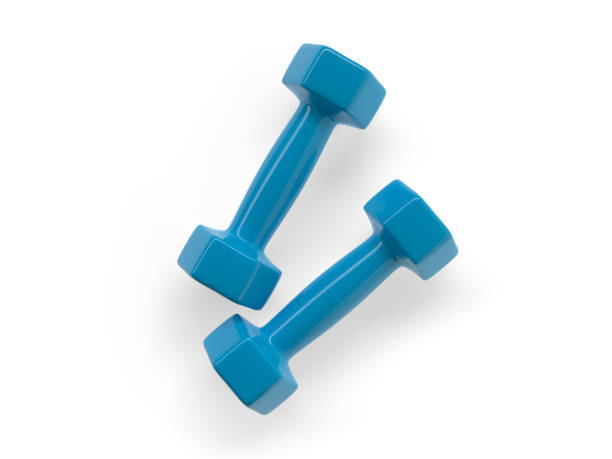 две синие гантели для фитнеса и спорта - 3lb - 3d иллюстрация - рендеринг - weight стоковые фото и изображения